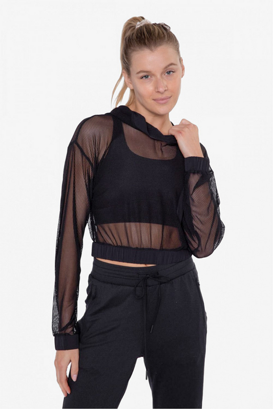  Pullover Cropped Mesh Hoodie With Contrast Panels
